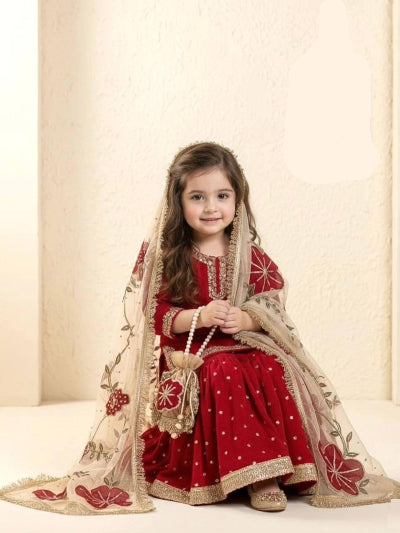 Kids Red Embroidery Work Floral Sharara Suit UK Next Day