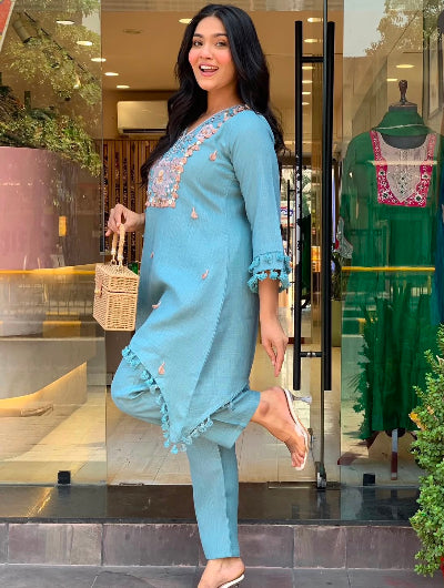 Sky Blue Embroidered Cotton Co-Ord Ethnic Set