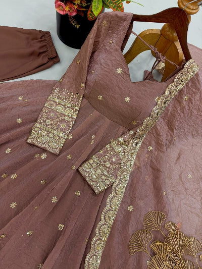 Dusty Mauve Gold Embroidered Anarkali Gown Suit Set
