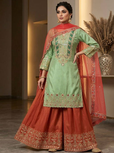 Mint Green &amp; Rust Orange Embroidery Sharara Palazzo Suit