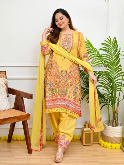 Plus Size Yellow Muslin Embroidered Mirror Work Suit Set