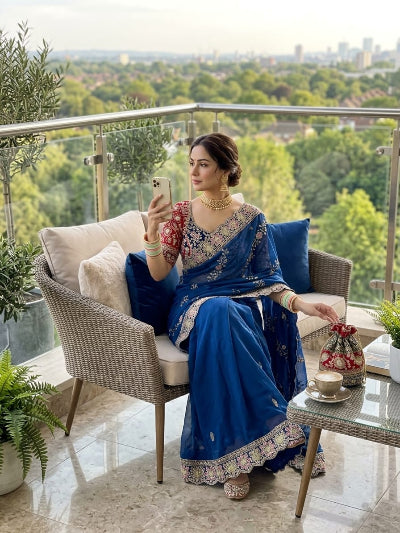 Teal Blue Silk Embroidery Work Ready to Wear Saree with Stitched Blouse