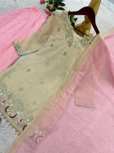 Gold &amp; Pink Crunchy Silk Designer Palazzo Sharara Suit | Asian Ethnic Wear