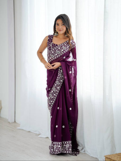 Wine Georgette Thread Embroidery Ready to wear Saree with Free Stitched Blouse