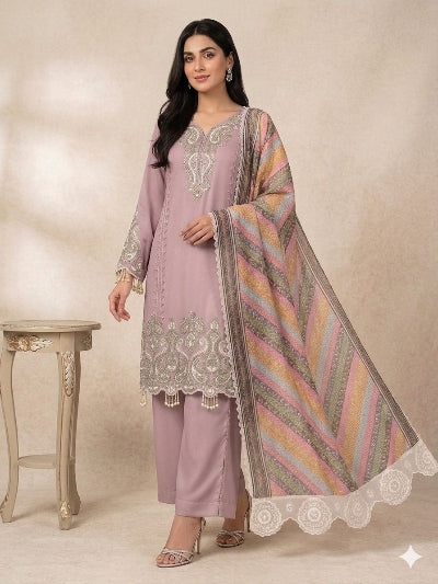 Dusty Lilac Georgette Straight Suit Set with Organza Dupatta