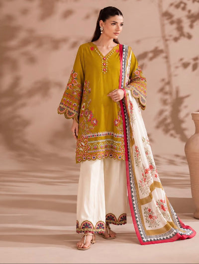Mustard Yellow Embroidered Palazzo Suit with Printed Dupatta
