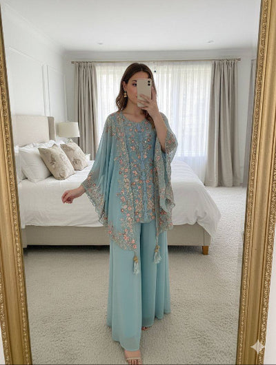 Party Wear Cape Style Suit Set with Sequence Work