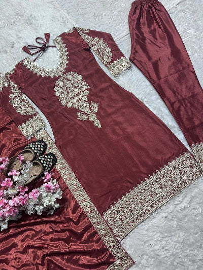Brick Maroon Embroidered Chinnon Silk Straight Suit Set for Women UK