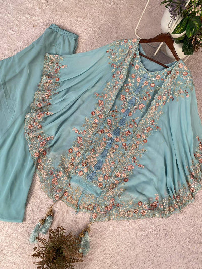 Party Wear Cape Style Suit Set with Sequence Work