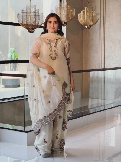 Elegant White Embroidered Farshi Palazzo Suit