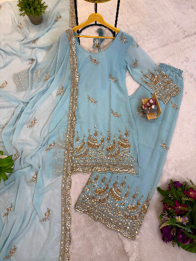 Powder Blue Georgette Gold Sequins Intricate Work Palazzo Suit