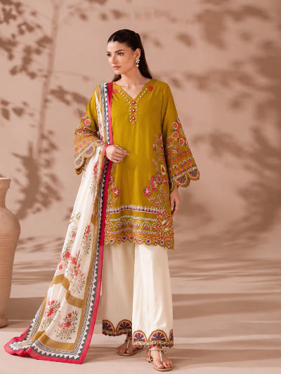 Mustard Yellow Embroidered Palazzo Suit with Printed Dupatta