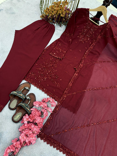 Dark Maroon Georgette Embroidery Straight Suit