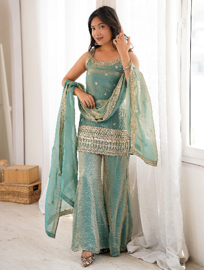Ice Blue Silk Sleeveless Kurta Bell Bottom Pant &amp; Dupatta