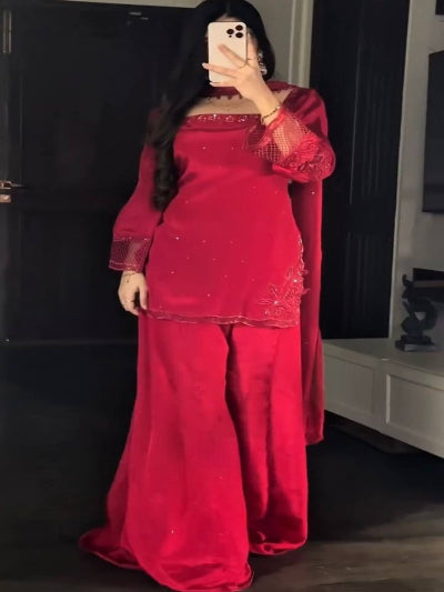 Red Embroidery Beads Work Palazzo Sharara Suit UK Next Day