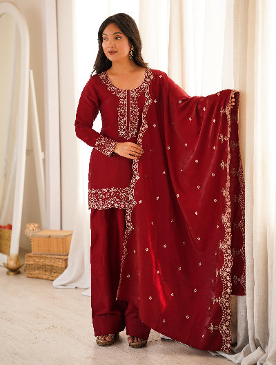 Designer Red Embroidered Farshi Suit Set