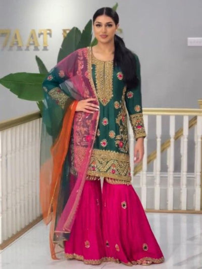 Bottle Green &amp; Pink Embroidered Silk Gharara Suit UK Next Day