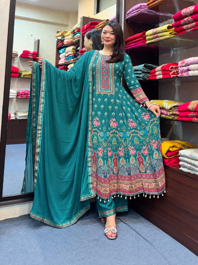 Blue Pure Chinon Handwork Anarkali Suit Set
