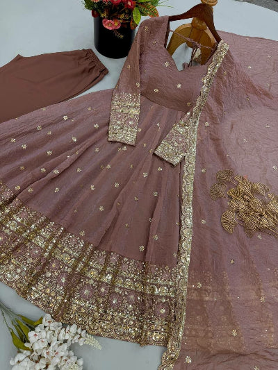 Dusty Mauve Gold Embroidered Anarkali Gown Suit Set