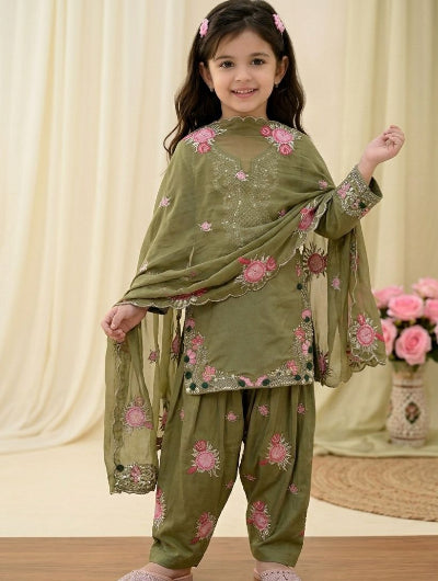 Mehendi Green Floral Kids Embroidered Punjabi Suit