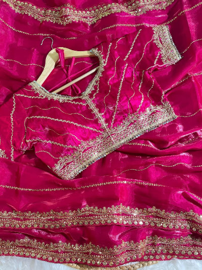 Alaya Hot Pink Tissue Silk Pre-pleated Ready to Wear Saree with Stitched Blouse