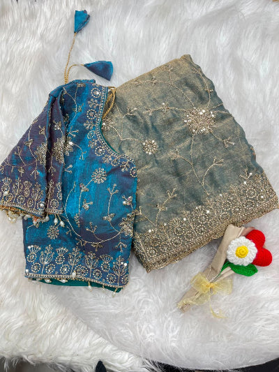 Ice Blue Pre-Stitched Ready to Wear Saree with Free Embroidered Stitched Blouse