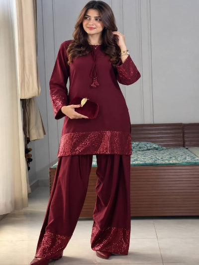 Maroon Crepe Silk Embroidered Farshi Suit Set