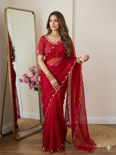 Red Ready to Wear Saree with Handwork Stitched Blouse