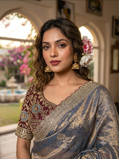 Steel Blue Embroidered Ready to Wear Saree with Maroon Stitched Blouse for Women | Asian Ethnic Wear