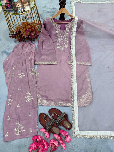Lavender Glass Silk Embroidered Farshi Suit UK Next Day