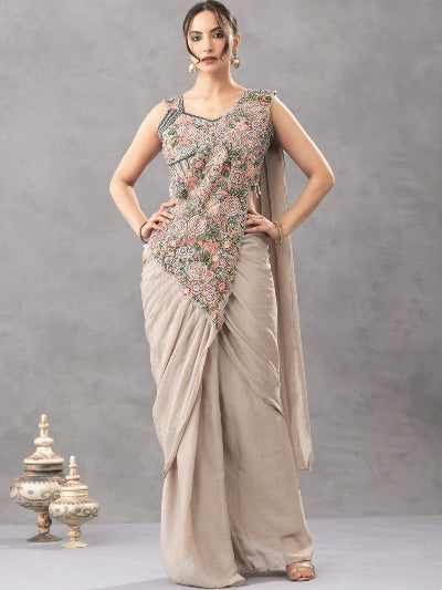 Beige Ready to Wear Drape Saree Embroidered Blouse
