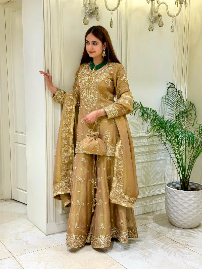 Gold Embroidered Silk Wedding Sharara Palazzo Suit Set for Women UK