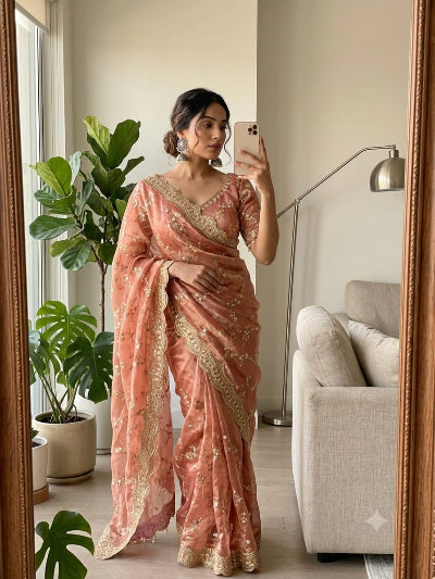 Coral Peach Gold Embroidered Ready to Wear Saree with Free Stitched Blouse
