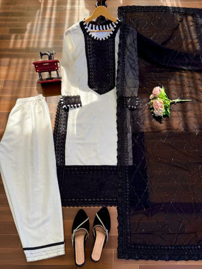 White &amp; Black Sequins Straight Suit Set