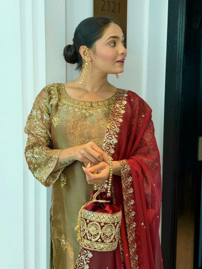 Antique Gold Embroidered Tissue Silk Straight Suit with Maroon Dupatta