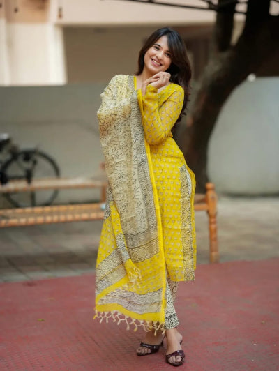 Yellow Premium Kota Doriya Straight Suit UK Next Day