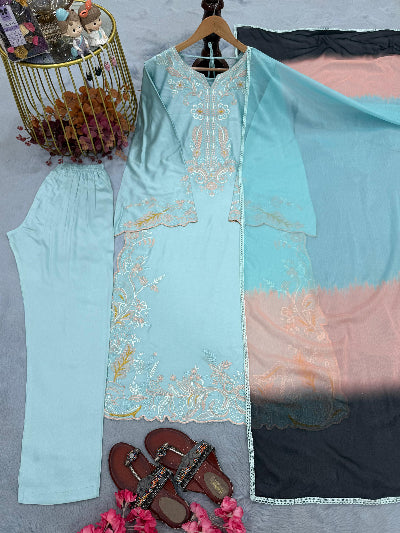 Designer Satin Rayon Straight Suit with Embroidered Cutwork &amp; Shaded Dupatta