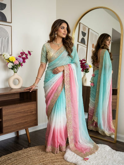 Powder Blue Pink Pre-pleated Ready to Wear Saree with Embroidered Stitched Blouse