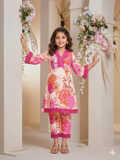 Kids Pink Floral Print Kurta | Lace Trim Festive Dress