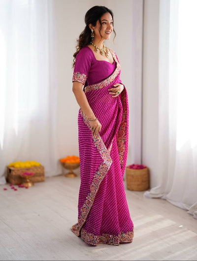 Pink Leheriya Georgette Pre-pleated Saree with Free Stitched Blouse