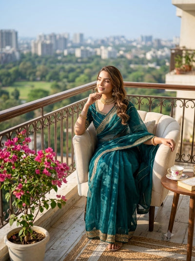 Alaya Teal Tissue Silk Pre-pleated Ready to Wear Saree with Stitched Blouse