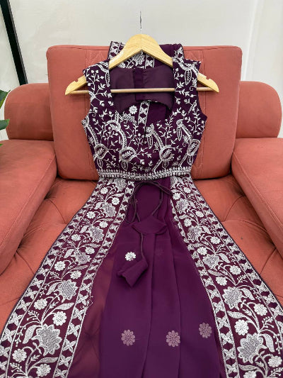 Wine Georgette Thread Embroidery Ready to wear Saree with Free Stitched Blouse