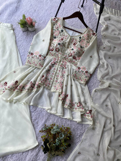 White Peplum Style Embroidery Wedding Suit