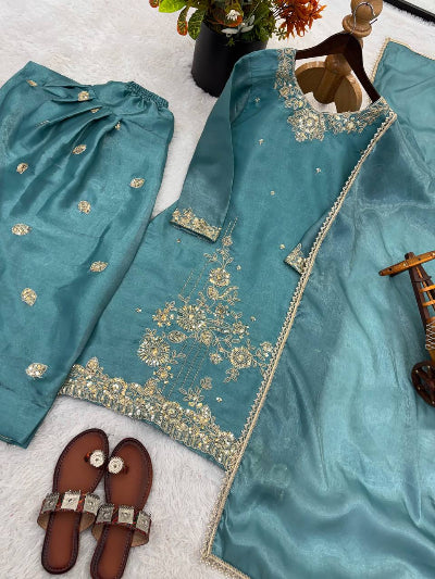 Aqua Teal Blue Tissue Silk Embroidered Farshi Suit