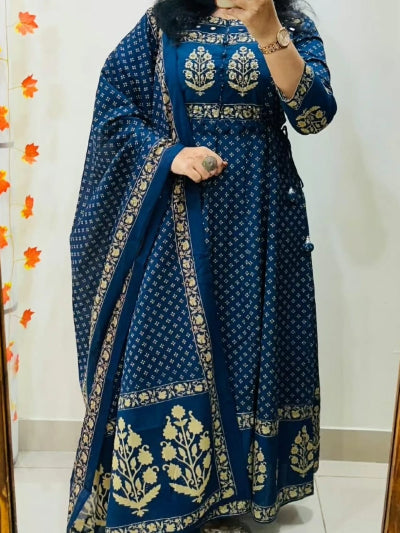 Blue Pure Cotton Anarkali Suit Set with Pant and Dupatta
