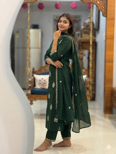 Dark Green Embroidered Straight Suit Set