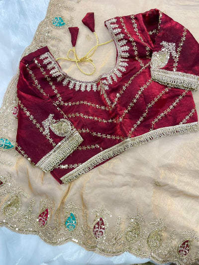 Gold Tissue Silk Ready to Wear Saree with Maroon Stitched Embroidered Blouse