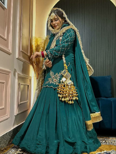 Teal Green Embroidery Sequins Kurti Skirt Dupatta Set