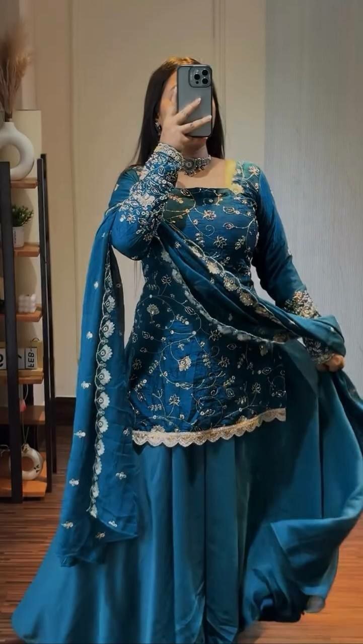 Peacock Teal Blue Embroidered Crush Silk Sharara Palazzo Suit