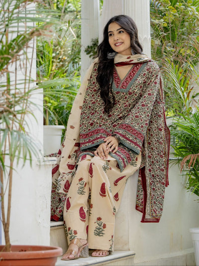 Vintage Floral Cotton Farshi Suit Set with Dupatta